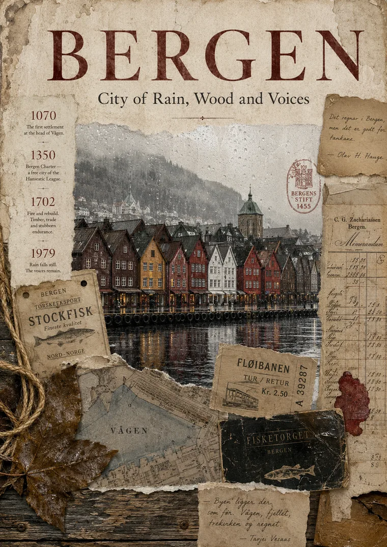 Bergen — Collage mit Bryggen im Regen und Archivkarten