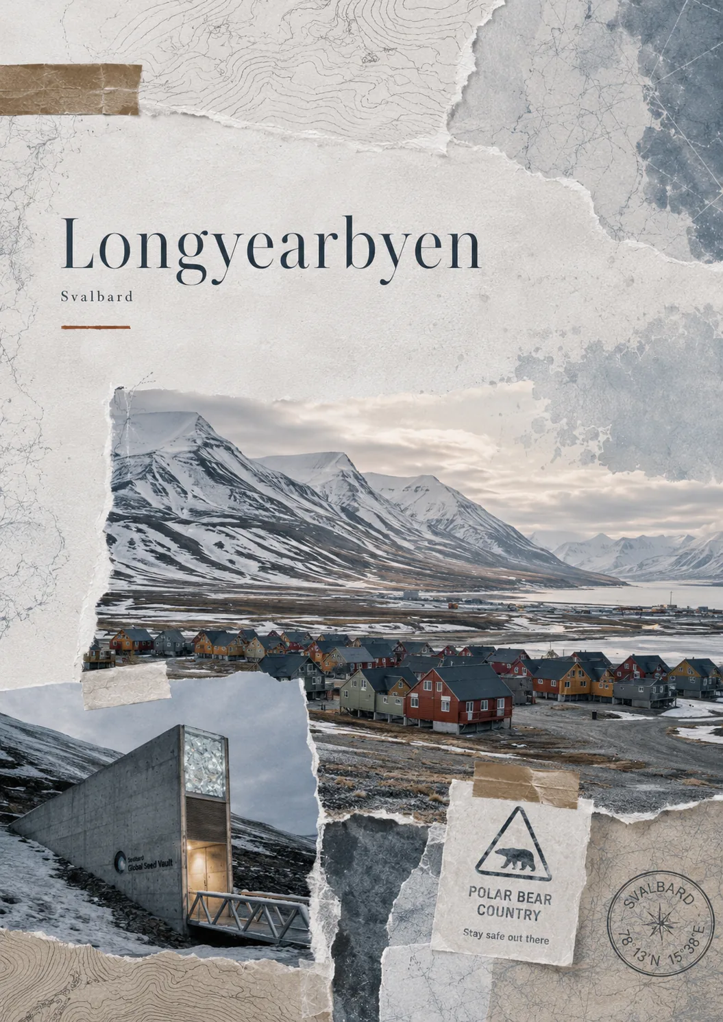 Longyearbyen — Scrapbook-Cover mit hocharktischen Häusern, Schotter und Adventfjord