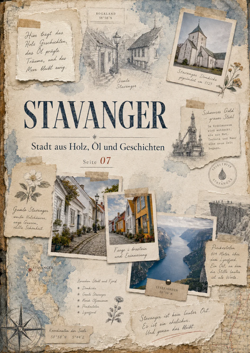 Stavanger Fieldbook · Scrapbook-Karte mit Hafen- und Holz-Notizen