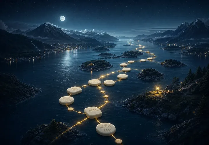 Draumen-Keyvisual: leuchtende Wortsteine bilden einen Weg durch einen nächtlichen Fjord