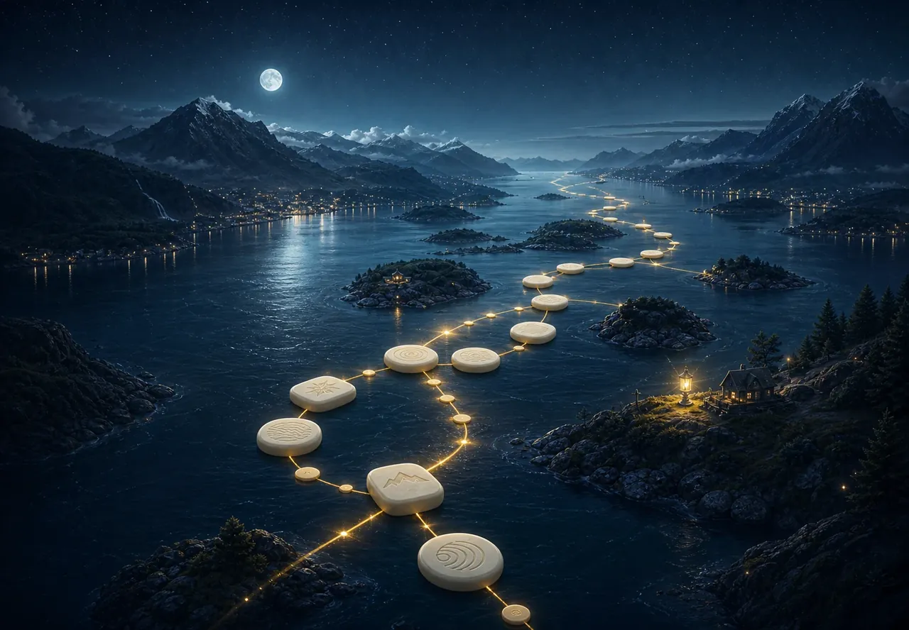 Draumen-Keyvisual mit leuchtenden Wortsteinen in einer nordischen Fjordlandschaft
