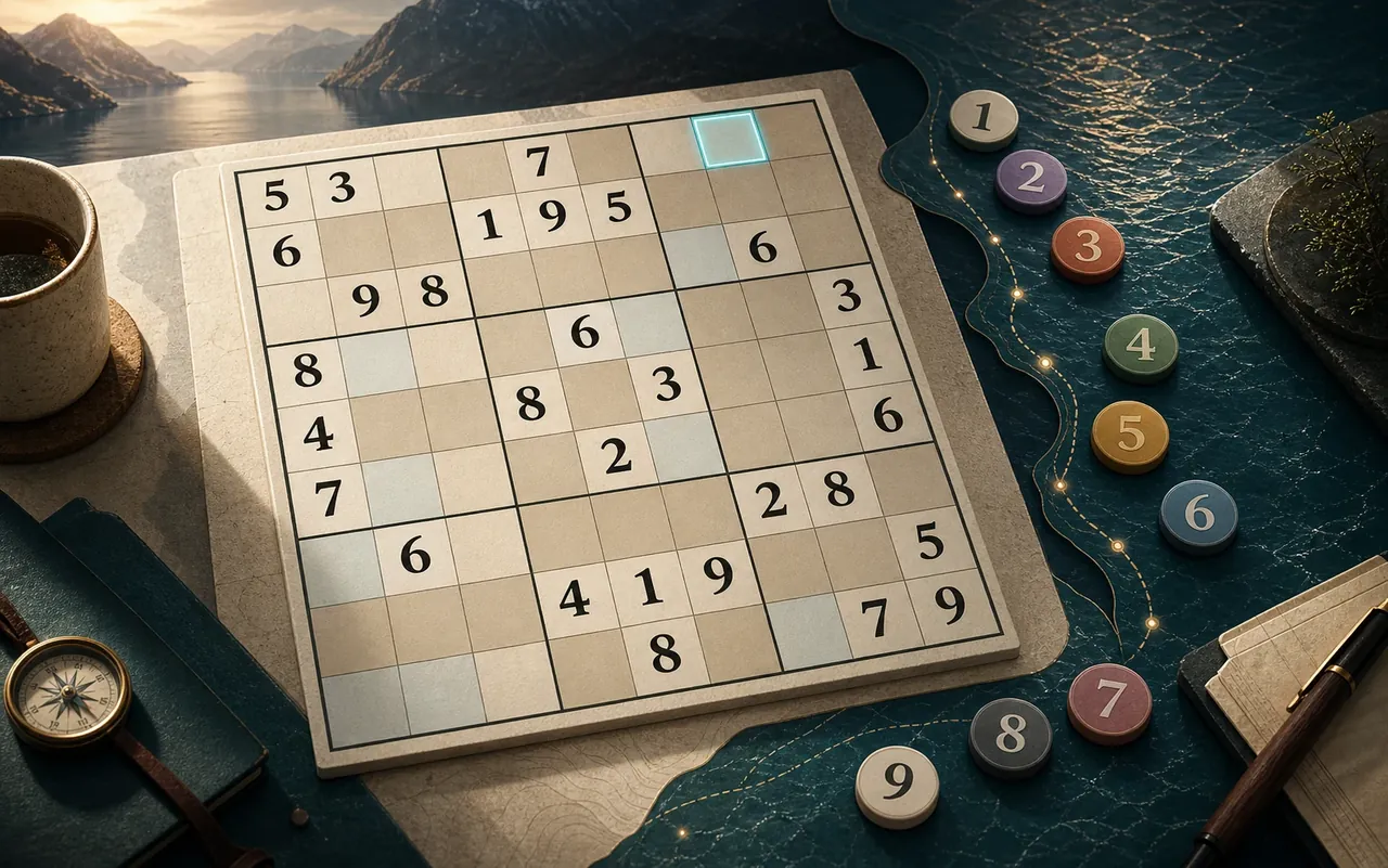 NINEFJORD zeigt ein Sudoku in ruhigem Nordlicht-Look
