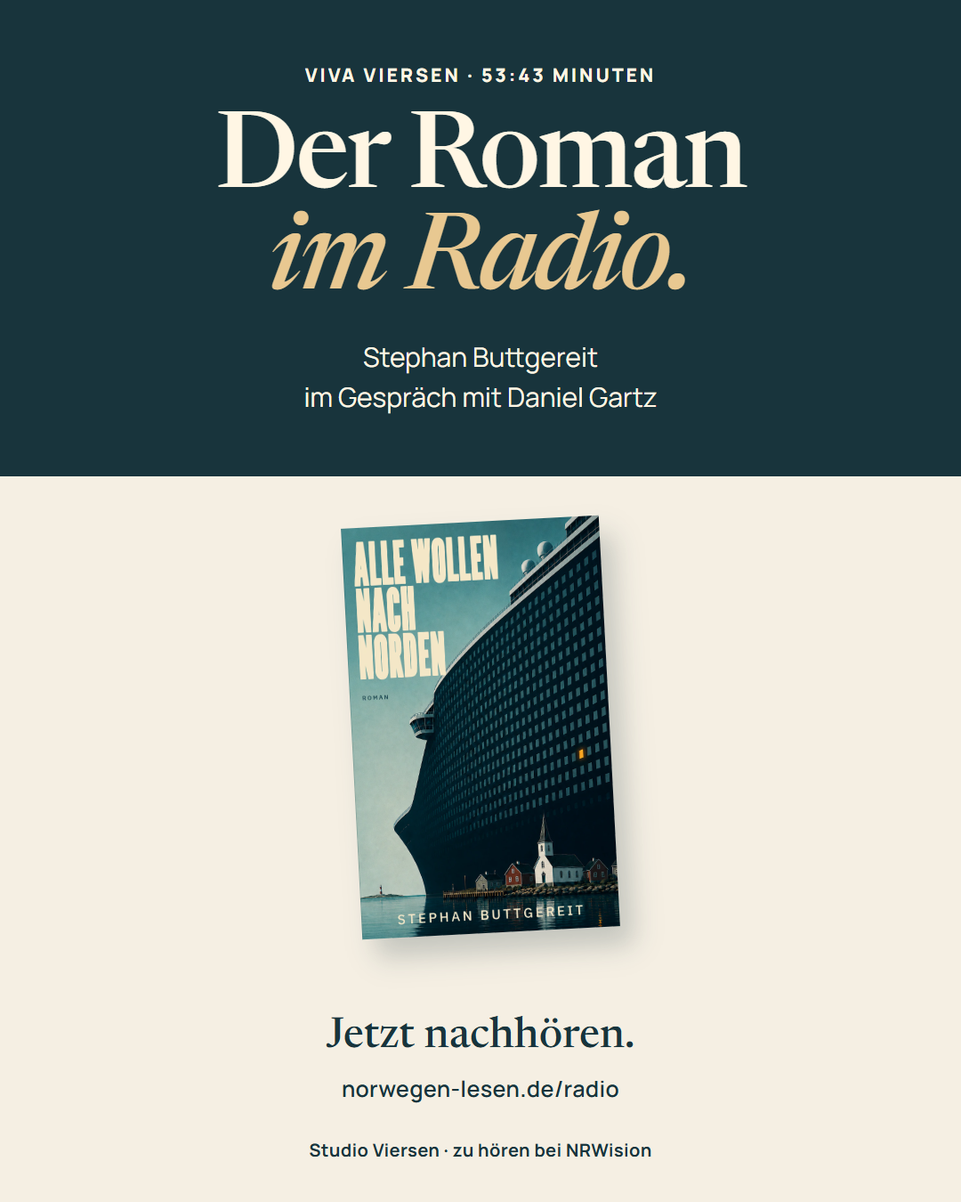 Instagram-Beitrag: Der Roman im Radio mit dem Buchcover von Alle wollen nach Norden