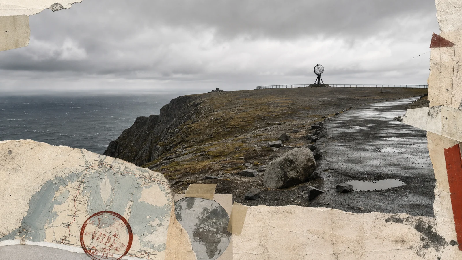Nordkap-Plateau mit Globus bei rauem Wetter