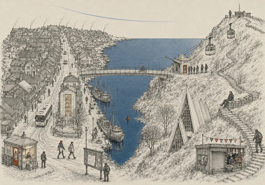Tuschezeichnung von Tromsø: Hafenkante, Treppe am Hang, Seilbahn — das Suchbild der Akte Tromsø
